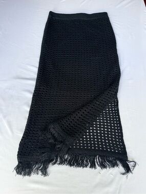 Black Knit Fringe Midi Skirt — Sleek Open-Weave Design